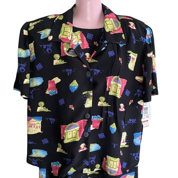 Positive Attitude Dress Jacket Set Womens 14 Black Colorful Print Rayon NWT - Picture 3 of 8